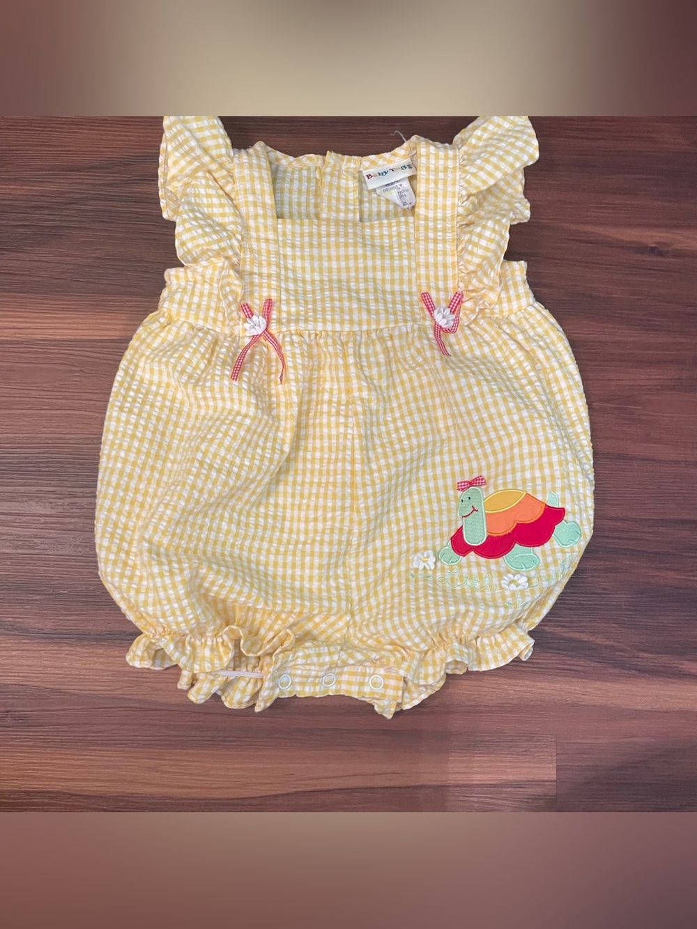 Vintage 90s Yellow Gingham Baby Romper with Turtle Applique